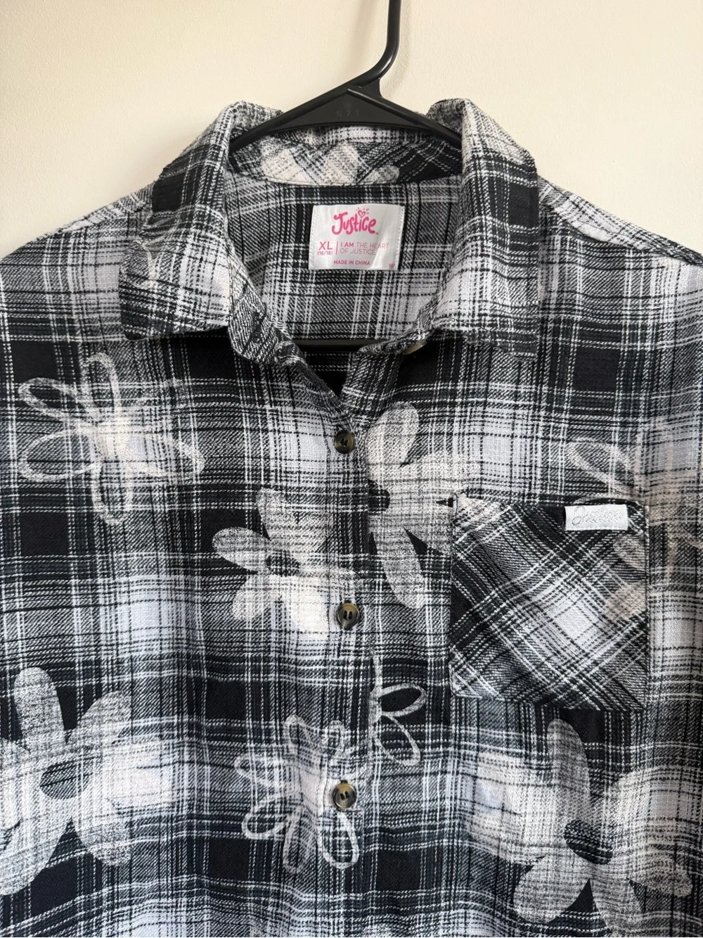 Justice Black & White Floral Plaid Button-Down Shirt